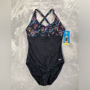 Speedo Black Swimsuit with Vibrant Leaf Pattern